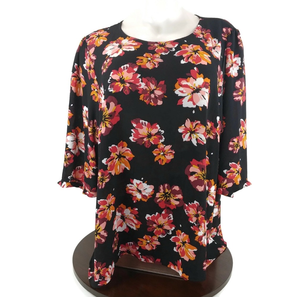 New Women's‎ Plus Lane Bryant Black Floral Tunic 3/4 Sleeve Round Neckline Sz 22